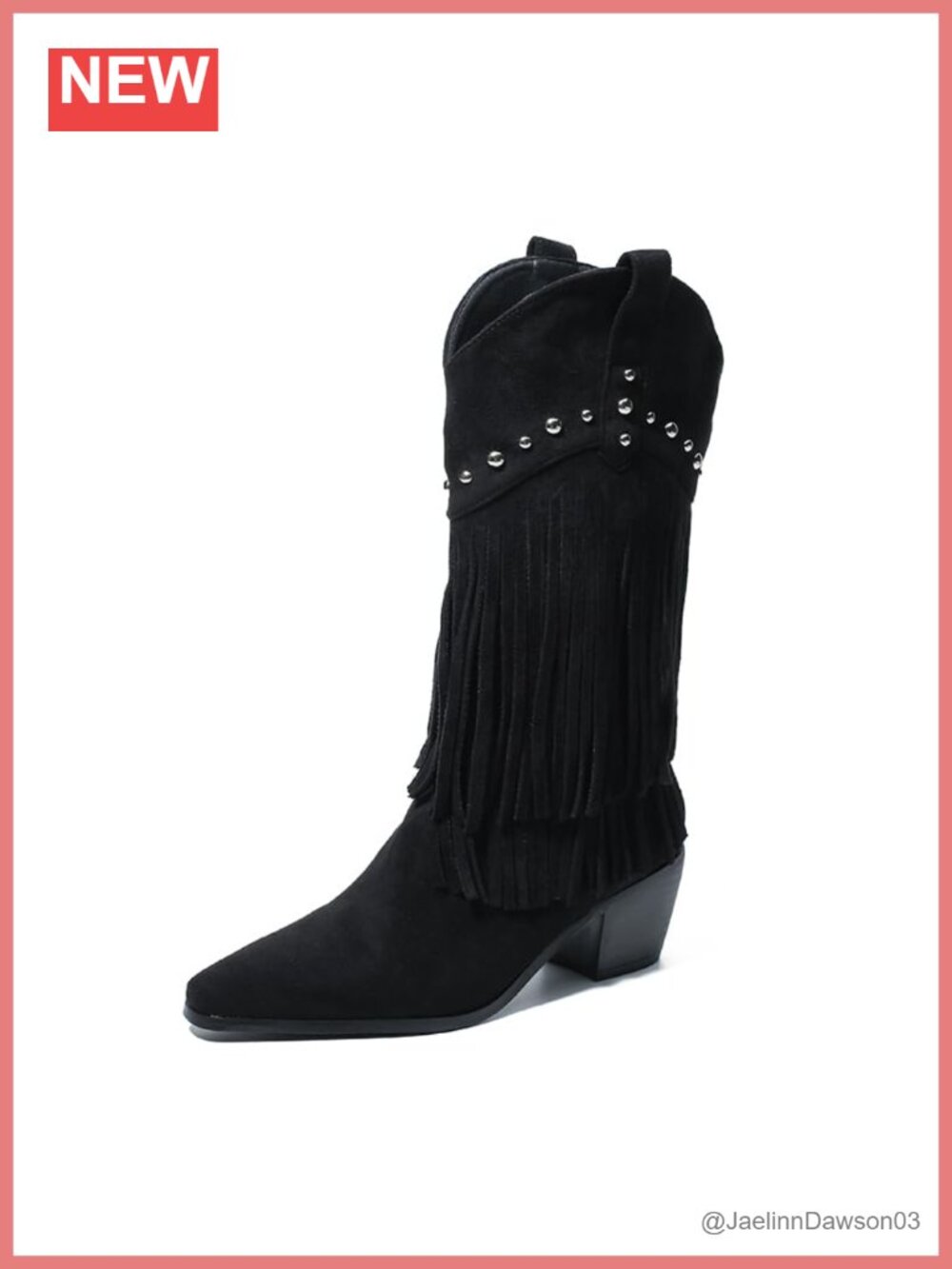 Women's Western Fringe Mid-Calf Boot with Studded Detail Stacked Block Heel